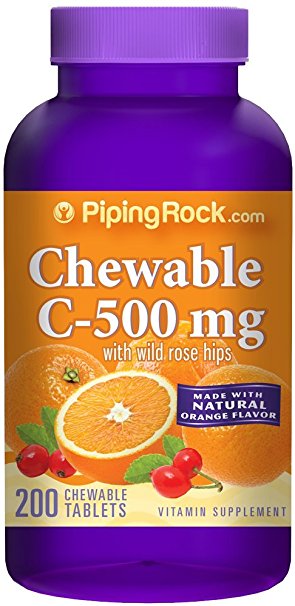 Piping Rock Chewable Vitamin C 500 mg with Wild Rose Hips 200 Tablets Natural Orange Flavor Vitamin Supplement