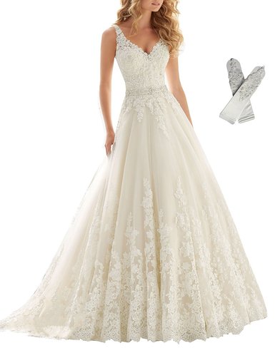 Datangep® Women's Double V-Neck Lace Applique Empire Chapel Train Wedding Dress