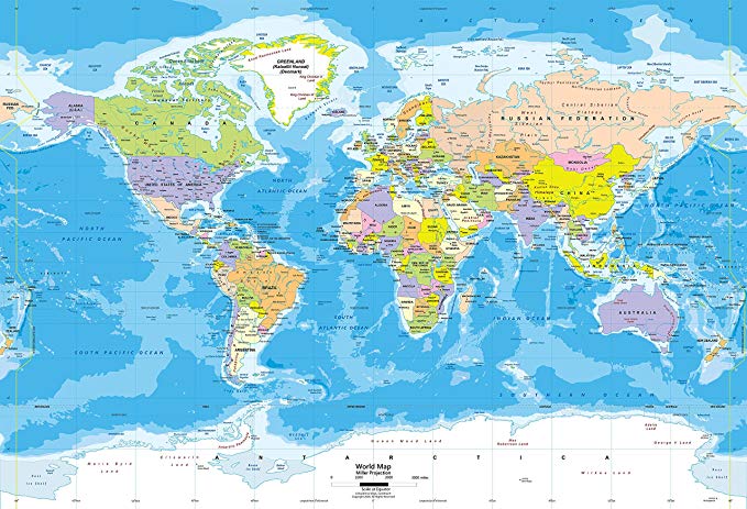 Academia Maps - World Map Wall Mural - Blue Ocean Political Map - Premium Self-Adhesive Fabric
