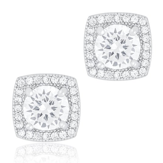 18k White Gold Plated Cubic Zirconia Cushion Shape Halo Stud Earrings (1.45 carats) by ORROUS & CO