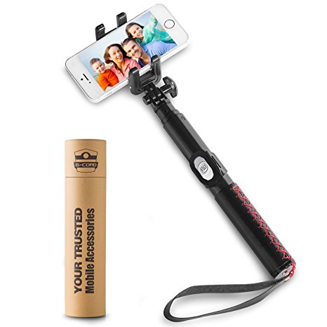 G-CORD (TM) Foldable Extendable Wireless Bluetooth Selfie Stick for iPhone Samsung Galaxy and Other Smartphones (Leather Handlebar)