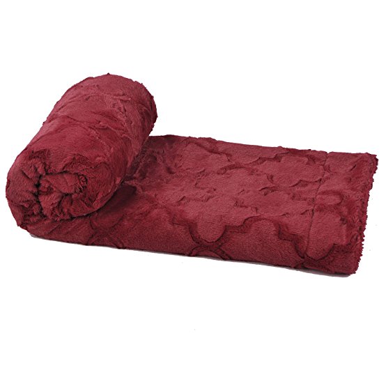 BOON Brushed Faux Fur Ashley Throw with Sherpa and Borrego Backing, 50" x 60", Burgundy