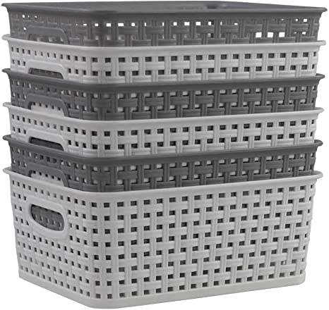 Ponpong Plastic Weave Rattan Woven Storage Baskets, White Gray, 6 Packs