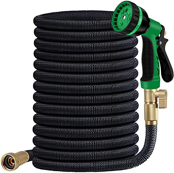 Expandable Garden Hose Kit 100 ft -Superior Strength 3750D - 4-Layers Latex,Extra-Strong Brass Connector- 8 Function Water Spray Nozzle (100FT) (BLACK)