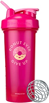 BlenderBottle Just for Fun Classic V2 Shaker Bottle Perfect for Protein Shakes and Pre Workout, 28-Ounce, Donut Ever Give Up