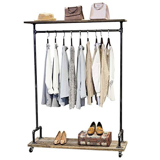 MBQQ Industrial Pipe Clothing Rack on Wheels,Rolling Iron Garment Racks with Shelves, Commercial Grade Clothing Racks Heavy Duty,Vintage Steampunk Clothes Rack Retail Display Wood Shelf