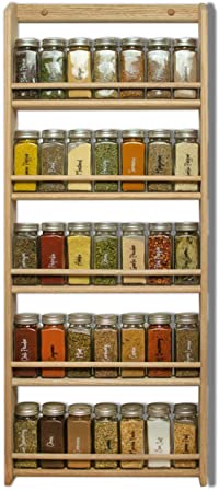 EMS Solid OAK Wood Spice Rack Organizer, 5 Tier Wall Mounted - Seasoning Storage for Pantry and Kitchen - Natural Finish (32.75"H X 13.75"W x 2.75"D)