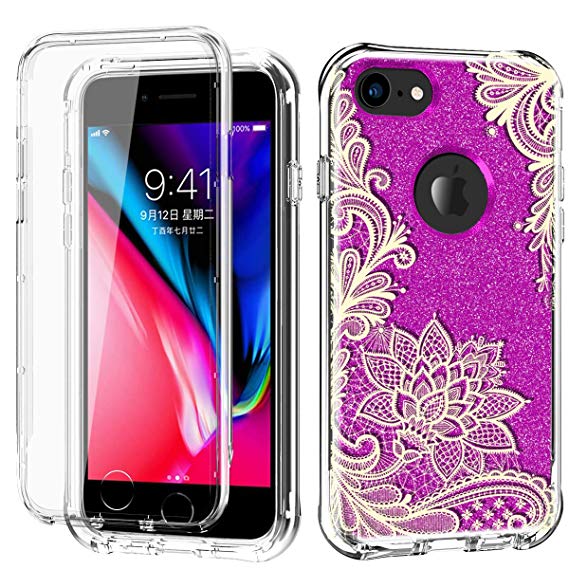 Hocase iPhone 8/7 Case with Screen Protector, Hard Plastic Front Casing Soft TPU Back Cover Shockproof Full Body Protective Phone Case for iPhone 7/8 (4.7-inch) - Glitter Violet Lotus Flower