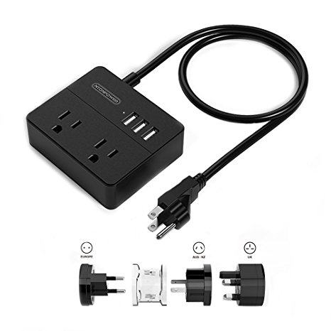 NTONPOWER Small Power Strip with 3.3ft Power Cord and 3 Pieces of Universal Adapters for US UK EU NZ AU and More - Black