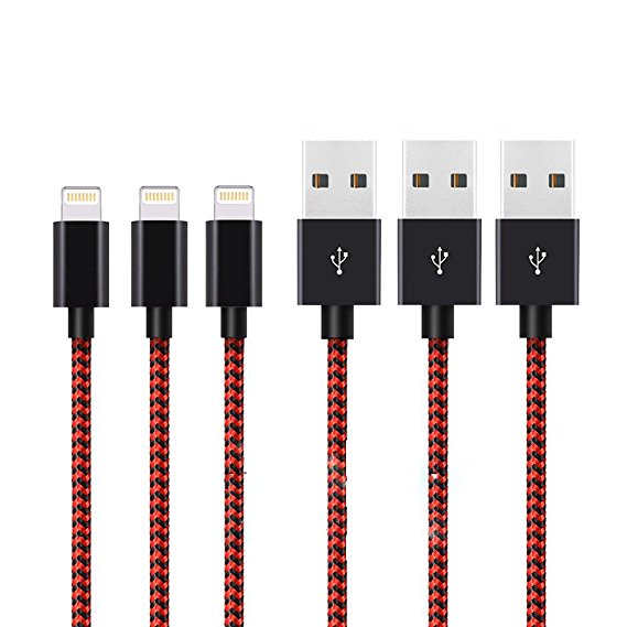 Auideas iPhone Cable,3Pack 3FT£¬6FT£¬10FT Nylon Braided Lightning Charger to Cable Data Syncing Cord Compatible with iPhone 7/7 Plus/6S/6S Plus,SE/5S/5,iPad(Black Red)