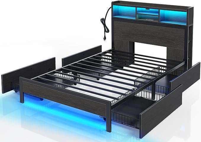 Rolanstar Twin Bed Frame with Storage Headboard, Metal Platform Bed with Charging Station, LED Bed Frame with 4 Drawers, Bookcase Storage, No Box Spring Needed, Easy Assembly, Noise-Free, Black