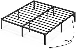 Rolanstar California King Bed Frame with USB Charging Station, 14 Inch Metal Platform Bed, Heavy Duty Steel Slat Support