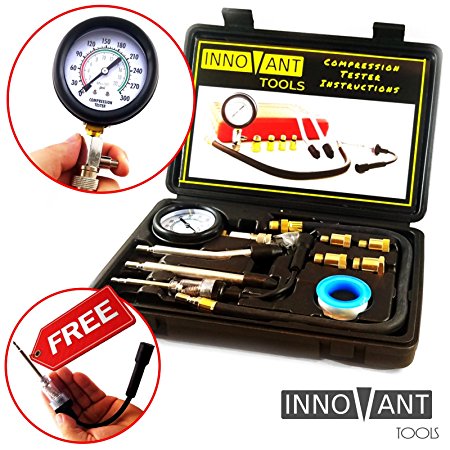 INNOVANT 10 Piece blk Set Complete Deluxe Gas Fuel Engine Automotive Compression Test Kit w/ Inline Spark Plug Tester- Detects Leakage Up To 300 Psi (21 Bar) Quickly Diagnose Internal Leaking Problems