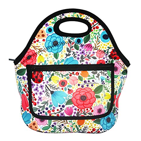 MangGou Floral Pattern Lunch Bgas with Side Pocket Zipper Closure Waterproof Neoprene Reusable Insulated Lunch Boxes for Women Teen Girls Lunch Bag Box Tote for School Work Office Picnic Travel