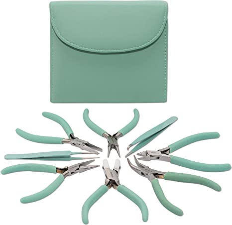 The Beadsmith Fashion Color Pliers – Set of 8 Slimline Color-Coordinated Tools – Matching Clutch in Aqua – Jewelry Making Supply Kit to Create Necklaces, Bracelets, Earrings & More