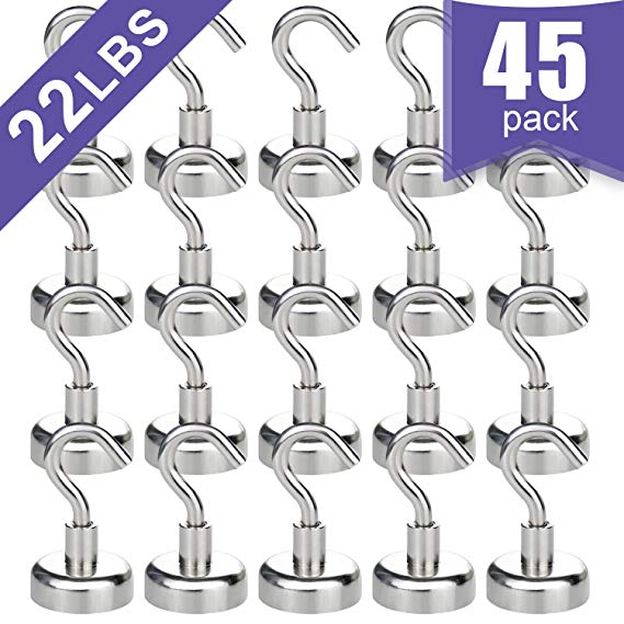 Heavy Duty Magnetic Hooks, Strong Neodymium Magnet Hook for Home, Kitchen, Workplace, Office and Garage, Hold up to 22 Pounds - 45pack