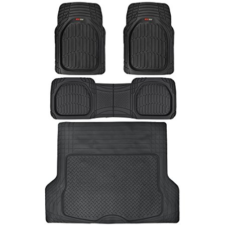 4pc Black Car Floor Mats Set Rubber Tortoise Liners w/ Large Cargo Trunk Liner for Auto SUV Trucks