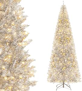 Goplus 7ft Pre-lit Silver Pencil Christmas Tree, Artificial Tinsel Electroplated Tree w/ 400 Warm-White LED Lights, 1030 Branch Tips, Metal Stand, Hinged Slim Xmas Tree Holiday Party Decor for Home