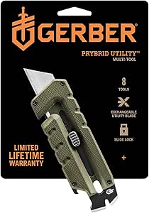 GERBER Gear Prybrid Utility EDC Multitool Pocket Utility Knife - Razor Knife with Retractable Hobby Blade and Pry Bar - Green with Clip