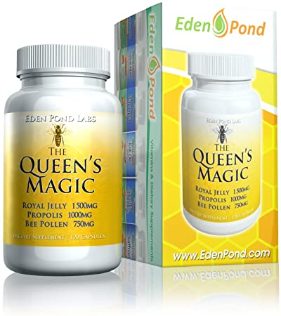 Eden Pond Queen's Magic Bee Pollen (Royal Jelly 1000mg, Propolis 750mg, Beepollen 1500mg) in 3 Daily Capsules, 120Count