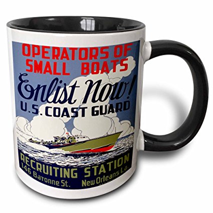 3dRose BLN Vintage WPA Posters Collection - US Coast Guard Operators of Small Boats Enlist Now Recruiting Poster - 11oz Two-Tone Black Mug (mug_171435_4)