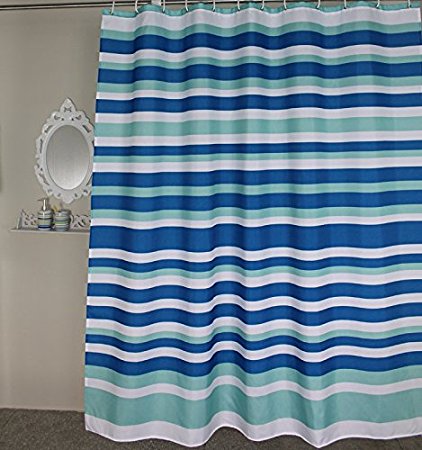 Fabric Stall Shower Curtain Liner Set with Hooks/Rings for Bathroom- 48 x 72 inches, Blue White Horizontal Stripes