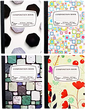 4-Pack Composition Notebook, 9-3/4" x 7-1/2", Wide Ruled, 100 Sheet (200 Pages), Weekly Class Schedule and Multiplication/Conversion Tables on Covers - Styles: Tiles, Flowers, Shapes, Spots (4-Pack)