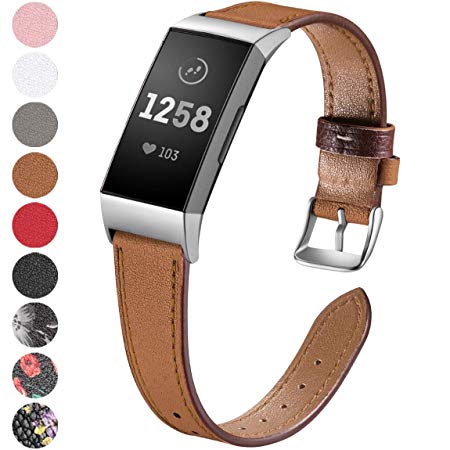 Maledan Compatible with Fitbit Charge 3 & Charge 3 SE Bands Women Men, Genuine Leather Replacement Accessories Watch Band Strap, Large Small