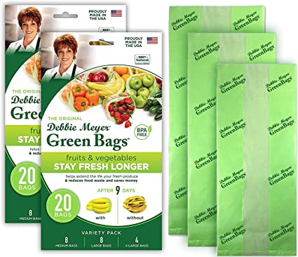 Debbie Meyer GreenBags 40-Pack (16M, 16L, 8XL) – Keeps Fruits, Vegetables, and Cut Flowers, Fresh Longer, Reusable, BPA Free, Made in USA