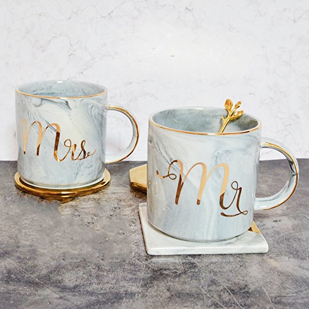 Tergi Mr and Mrs Ceramic Coffee Mugs Set of 2, Gold and Marble Coffee Tea Cups 11.5 oz with A Gift Box, For Parents, Anniversary, Mom and Dad, Couples