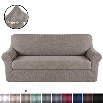 H.VERSAILTEX High Stretch Sofa Cover 2 Pieces Machine Washable Stylish Furniture Cover/Protector with Spandex Jacquard Checked Pattern Fabric (Sofa, Taupe)