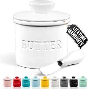 Zulay Kitchen French Butter Crock with Lid and Butter Knife - Keeps Butter Fresh and Spreadable on Countertop, Porcelain Butter Keeper with Water Line, Perfect-Size Ceramic French Butter Dish, White