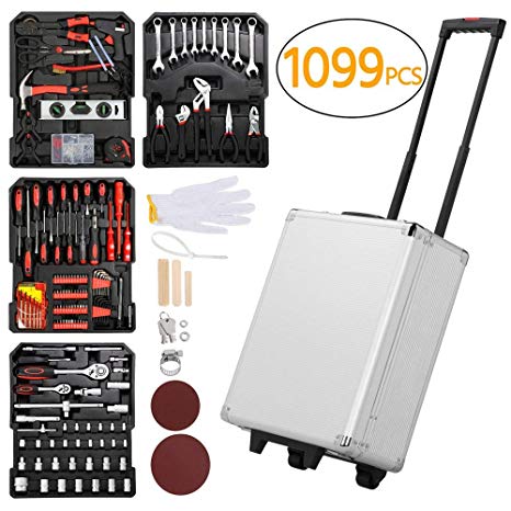 Yaheetech 1099pcs Aluminum Tool Set Case Mechanics Kit Box Organizer with Daily Tools and Wheels