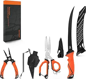 KastKing Paradox Fishing Tools Set, Stainless Steel 9" Bait Shears, 7.5" Angled Nose Pliers & 9" Fillet Knife with Non-Slip Grips and Protective Sheaths