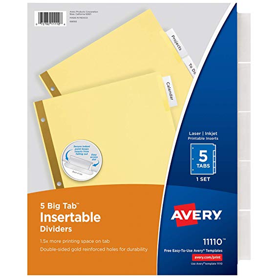 Avery 5-Tab Binder Dividers, Insertable Clear Big Tabs, 1 Set (11110)