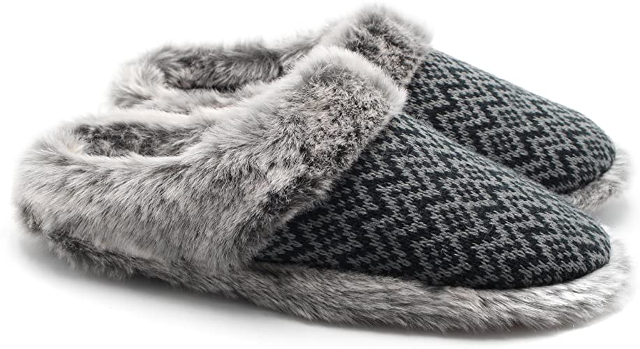 ofoot Womens Memory Foam Faux Fur Slippers,Cashmere Knit Non Skid Soft Sole, Indoor Outdoor House Shoes