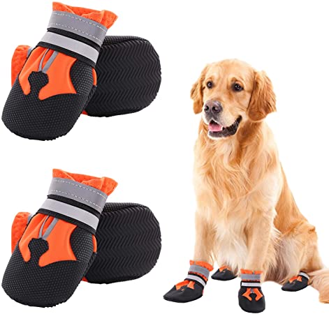 Zuozee Dog Boots Waterproof Outdoor Dog Shoes with Reflective Strip, Anti-Slip Sole Adjustable Pet Booties Dog Paw Protector for Medium to Large Dogs 4Pcs