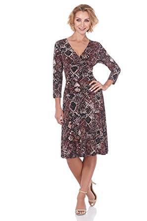 Rekucci Women's Slimming 3/4 Sleeve Fit-and-Flare Crossover Tummy Control Dress