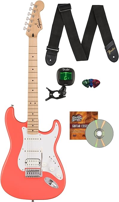 Fender Squier Sonic Stratocaster HSS - Tahititan Coral Bundle with Tuner, Strap, Picks, and Austin Bazaar Guitar DVD