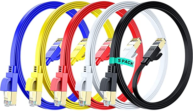 Maximm Cat8 Flat Ethernet Cable - 6FT - 5 Pack - Multi Color - 40Gbps - 2000Mhz High Speed Double Shielded UTP, Patch and Network Cable