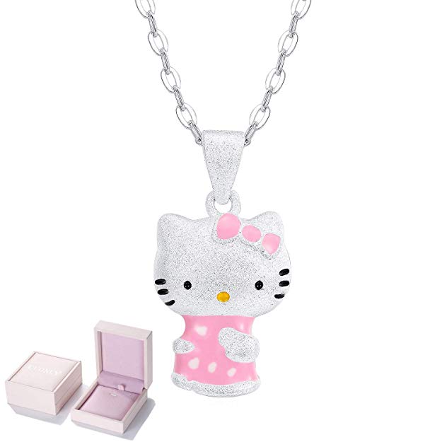 UUONLY Hello Kitty Necklace, Kitty Cat Necklace-Pink Cat Pendant Necklace Silver Plated Cute Cat Pendant Necklace for Girls,Women,Gift for Children, 17.71"(Gift Box Package)
