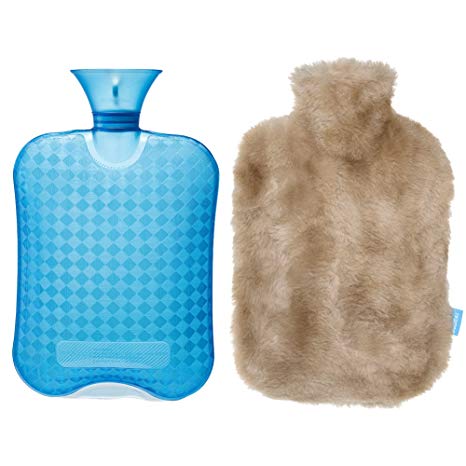 DUOCAI Rubber Hot Water Bottle with Super Soft Fur Cover for Pain,for Stomach 2L (Light Brown)