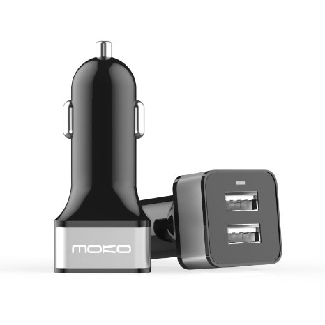 MoKo 24W  48A Premium Aluminum Dual Port USB Car Charger With Smart Charging Technology for AppleiPhone 6s  6s Plus iPad Mini 4  iPad Pro  Android Devices and More BLACK and SILVER