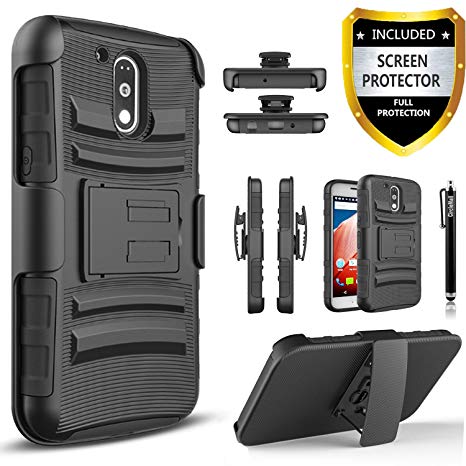 Moto G4 / Moto G4 Plus Case, (Not Fit Moto G4 Play) Dual Layers [Combo Holster] And Built-In Kickstand Bundled with [Premium HD Screen Protector] Hybird Shockproof And Circlemalls Stylus Pen [Black]