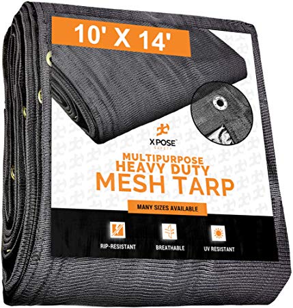 Xpose Safety Heavy Duty Mesh Tarp – 10’ x 14’ Multipurpose Black Protective Cover with Air Flow - Use for Tie Downs, Shade, Fences, Canopies, Dump Trucks – Tear Resistant