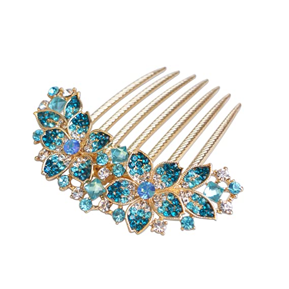 Sankuwen Women Rhinestone Inlaid Flower Hair Comb Hairpin Barrette Accessory,Also Perfect Mother's Day Gifts for Mom (Blue)