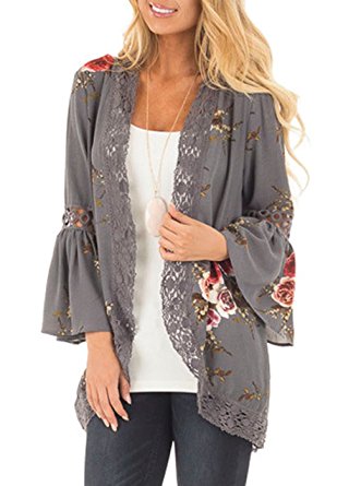 Yonala Women's Boho Lace Patchwork Floral Print Coat Tops Casual Kimono Cardigans