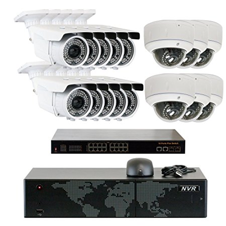 5MP (2592x1920p) 16 Channel 1920P NVR Network PoE IP Security Camera System - HD 1920p 2.8~12mm Varifocal Zoom (10) Bullet and (6) Dome IP Camera - 5 Megapixel (3,000,000 more pixels than 1080P)