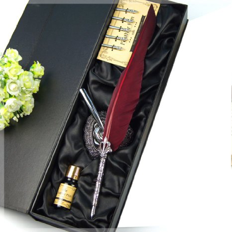 MEGAZON Hand Carved Feather Dip Pen Set Quill Pen,Wine Red Goose Feather Writing Quill,With Ink And Heart-Shaped European Pen Stand And 5 PCS Nib (WINE RED)
