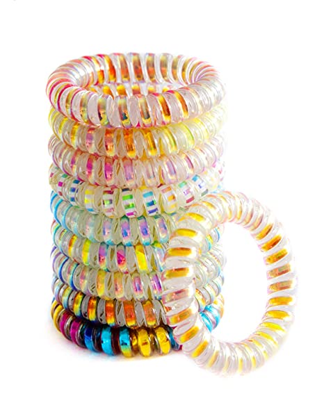 Hair Ties Spiral Coil Phone Cord Traceless Elastics Bracelet Colorful No Crease Keychain Coils Rainbow Waterproof Ponytail Holder For Women Girls 10pcs Rubber Bands With Clips